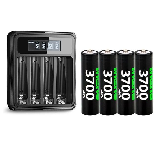 【iNeno】3號/AA 恆壓可充式1.5V鋰電池全新特大能量3700mWh4入+3號/4號通用 液晶鋰充電器