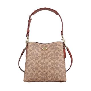 【COACH】COACH WILLOW字母璇扣LOGO滿版印花設計塗層帆布搭牛皮釦式肩背斜背水桶包(卡其x棕紅)