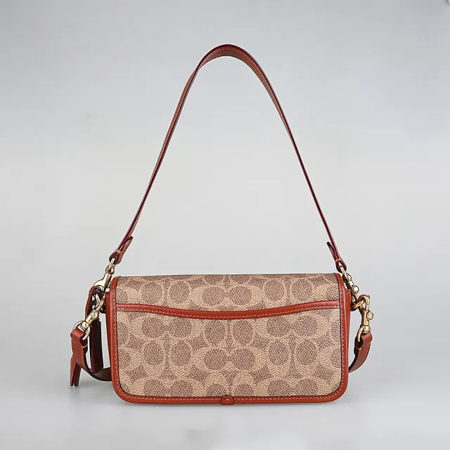 【COACH】COACH STUDIOBAGUETT金屬鑰匙LOGO印花塗層帆布拼牛皮扣式手提斜背包(卡其x棕紅)
