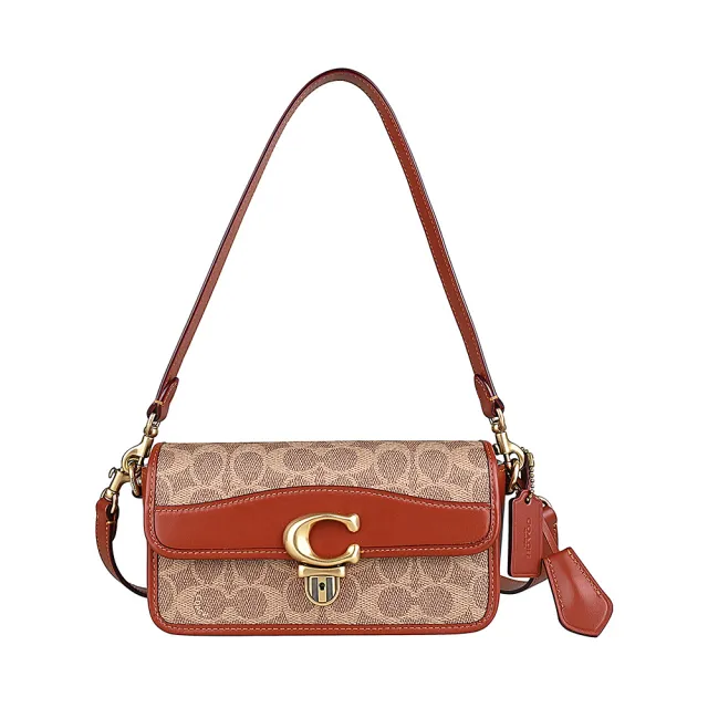 【COACH】COACH STUDIOBAGUETT金屬鑰匙LOGO印花塗層帆布拼牛皮扣式手提斜背包(卡其x棕紅)