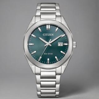 【CITIZEN 星辰】限量 光動能八角形經典大三針手錶-銀x綠/38mm 母親節 禮物 男錶(BM7620-83X)
