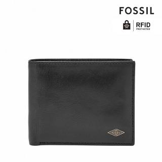 【FOSSIL】Ryan 真皮證件格RFID防盜皮夾 男用短夾-黑色 ML3829001 (禮盒組附鐵盒)
