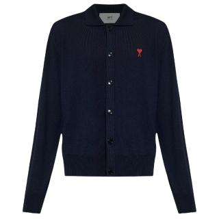 【AMI PARIS】春夏新款 男款 愛心A圖騰LOGO 羊毛襯衫領開襟衫-深藍色(S號、M號、L號、XL號、XXL號)