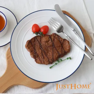 【Just Home】簡約純白藍邊陶瓷10吋餐盤(可微波 碗盤 餐盤 早午餐盤 蛋糕盤 盤子 主餐盤)