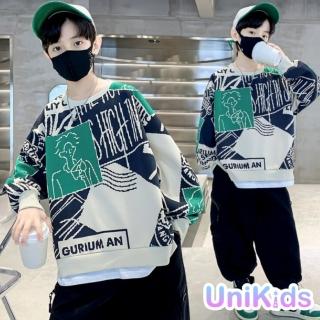 【UniKids】中大童裝長袖大學T恤 塗鴉撞色上衣 男大童裝 VPWYA1151(綠)