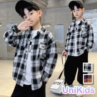 【UniKids】中大童裝格紋長袖襯衫 美式復古貼標上衣 女大童裝 VPCS22065(黑 橘)