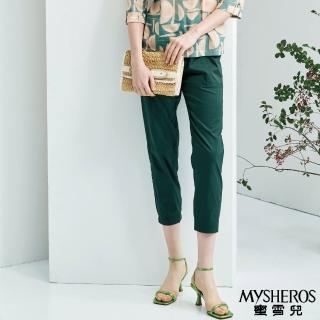 【MYSHEROS 蜜雪兒】造型休閒長褲 鬆緊腰頭設計 造型直立式雙口袋(墨綠)