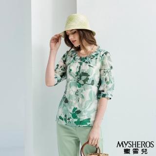 【MYSHEROS 蜜雪兒】天絲造型上衣 抽繩圓領上衣 水墨造型滿版印花(綠)