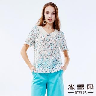 【MYVEGA 麥雪爾】雙層珍珠刺繡領印花上衣-黃