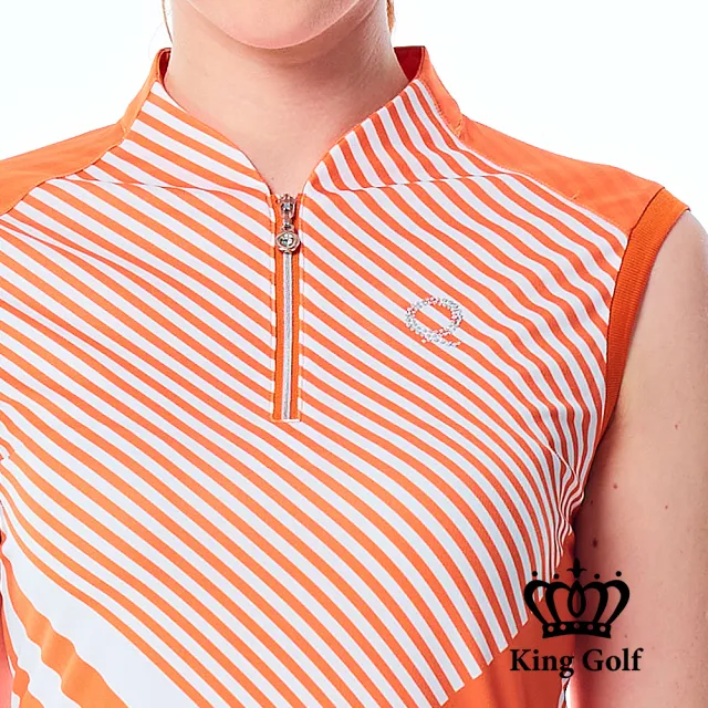 【KING GOLF】速達-網路獨賣款-女款線條撞色燙鑽小立領拉鍊背心POLO衫/高爾夫球衫(橘色)