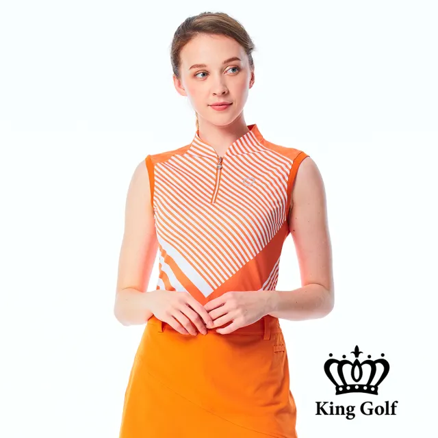 【KING GOLF】速達-網路獨賣款-女款線條撞色燙鑽小立領拉鍊背心POLO衫/高爾夫球衫(橘色)