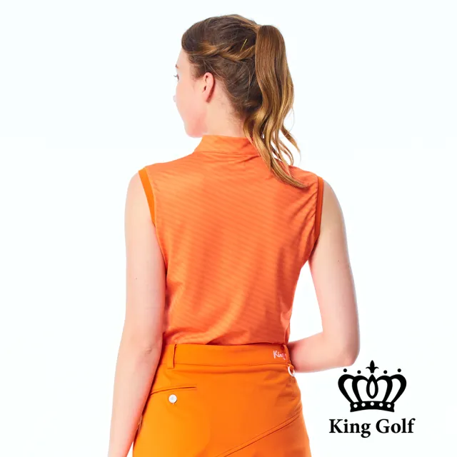 【KING GOLF】速達-網路獨賣款-女款線條撞色燙鑽小立領拉鍊背心POLO衫/高爾夫球衫(橘色)