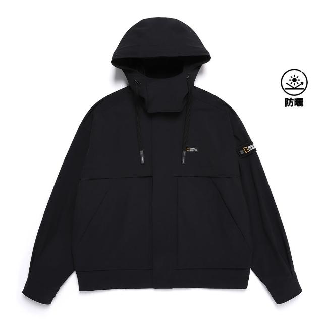 【國家地理服飾官方旗艦】男女同款 LEMUR OVER FIT 防風連帽外套 - 炭黑色(UPF50+/可拆帽)