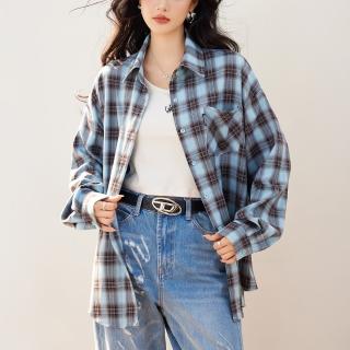 【ACheter】韓系撞色格紋防曬長袖襯衫慵懶休閒上衣chic寬鬆中長外罩上衣#124403(藍)
