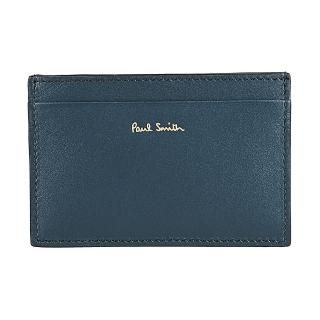 【Paul Smith】PAUL SMITH金箔LOGO小牛皮拼羔羊皮3卡開口式卡夾(男款/深藍x背面多彩條紋)