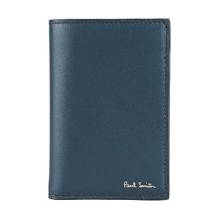 【Paul Smith】PAUL SMITH金色燙印LOGO直立式小牛皮拼小羊皮彩條紋設計6卡對開短夾(小/深藍x內裡多色)