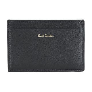【Paul Smith】PAUL SMITH金箔LOGO小牛皮拼羔羊皮3卡開口式卡夾(男款/黑x背面多彩條紋)