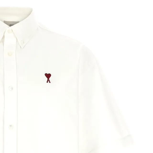 【AMI PARIS】男款 寬鬆版型 刺繡愛心A圖騰LOGO 短袖襯衫-白色(XXS號、XS號、S號、M號)
