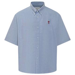 【AMI PARIS】春夏新款 男款寬鬆版型 刺繡愛心A圖騰LOGO 短袖襯衫-藍色(XS號、S號、M號)