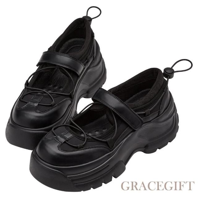 【Grace Gift】個性少女繫繩輕量厚底瑪莉珍運動鞋(黑)