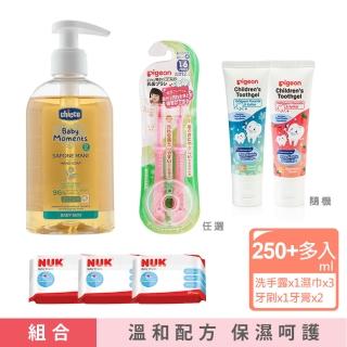 【Chicco】寶貝嬰兒植萃綠茶抗菌洗手露250ml+NUK濕紙巾20抽x3+Pigeon第四階段學習牙刷2入+含氟牙膏隨機x2