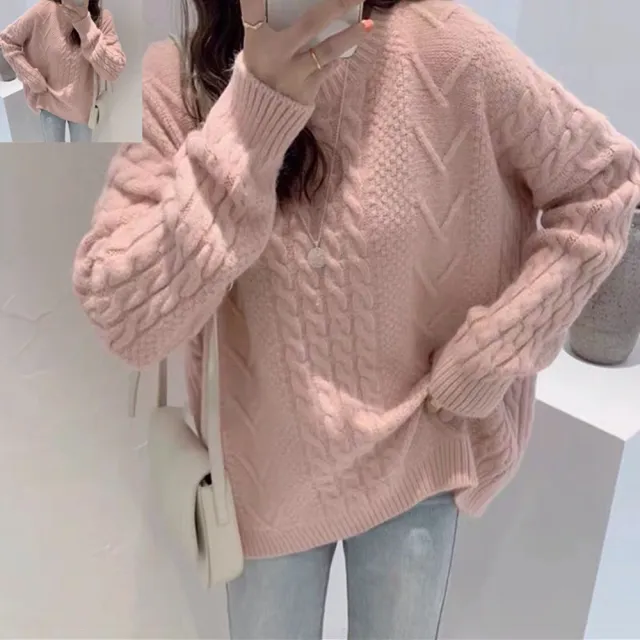 【D.studio】韓版寬鬆復古日系慵懶風麻花針織上衣(毛衣長袖上衣保暖上衣冬天女裝秋冬女裝長袖t恤 W605)