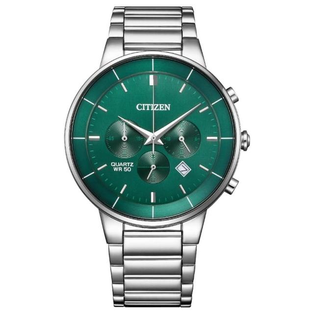 【CITIZEN 星辰】Chronograph系列 時尚簡約 三眼計時腕錶/綠面42mm(AN8220-52X)