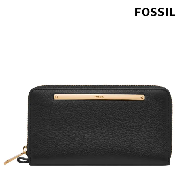 【FOSSIL】Liza 真皮拉鍊式長夾-黑色X金飾片 SL7878G001