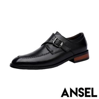 【ANSEL】真皮皮鞋 尖頭皮鞋 粗跟皮鞋/全真皮頭層牛皮復古皮帶釦飾小尖頭粗跟皮鞋-男鞋(黑)
