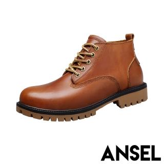 【ANSEL】真皮工裝鞋 內增高工裝鞋/全真皮頭層牛皮時尚繫帶內增高休閒工裝鞋-男鞋(棕)