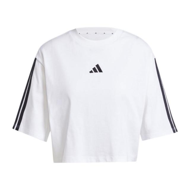 【adidas 愛迪達】W 3S SJ TLR T 女 T恤 短版 短袖上衣 運動上衣 休閒短袖 落肩 白黑(JD4999)