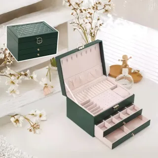 【精工藝】歐式高雅三層金扣皮質首飾盒(帶鑰匙 可鎖珠寶盒 戒指 項鍊 耳環 飾品箱 母親節禮物 生日)