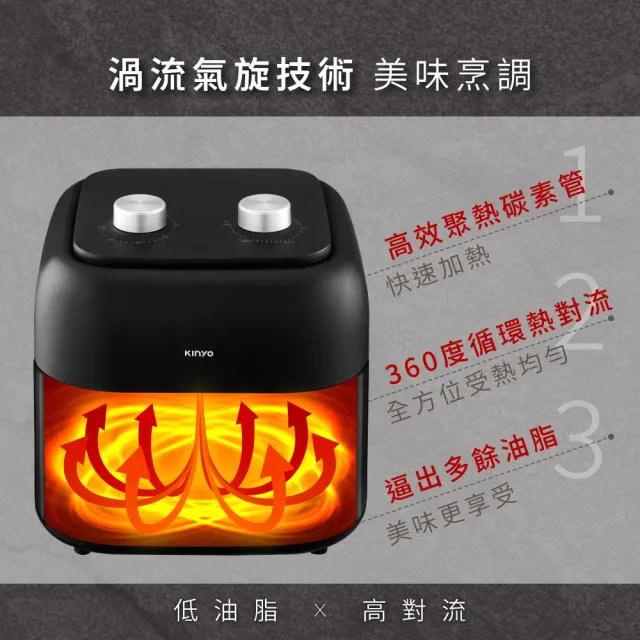 【KINYO】6.5L 可視玻璃旋鈕氣炸鍋(附食譜.氣炸烘焙紙)