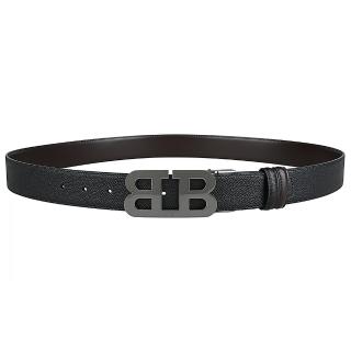 【BALLY】BALLY MIRROR B字暗銀釦粒面牛皮35MM雙麵皮帶(黑x深咖啡)
