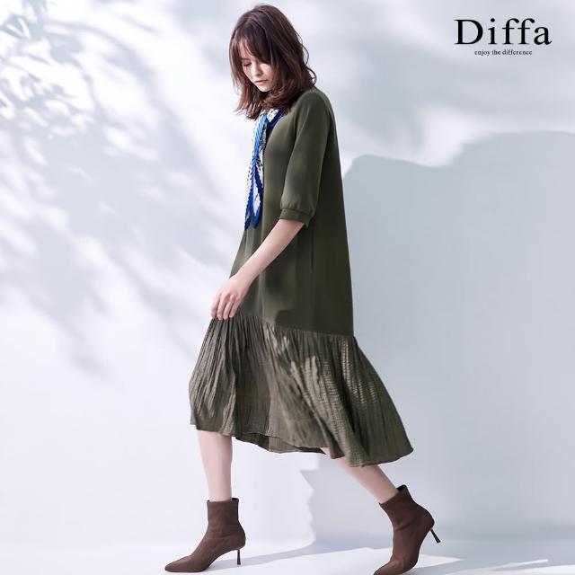 【Diffa】異素材拼接設計短袖連身洋裝-女