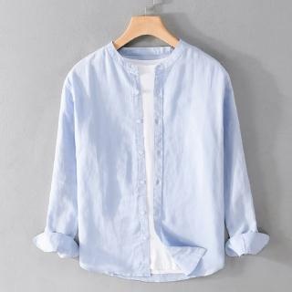 【米蘭精品】現貨+預購 襯衫長袖上衣(休閒棉麻小立領男裝5色74jt19)
