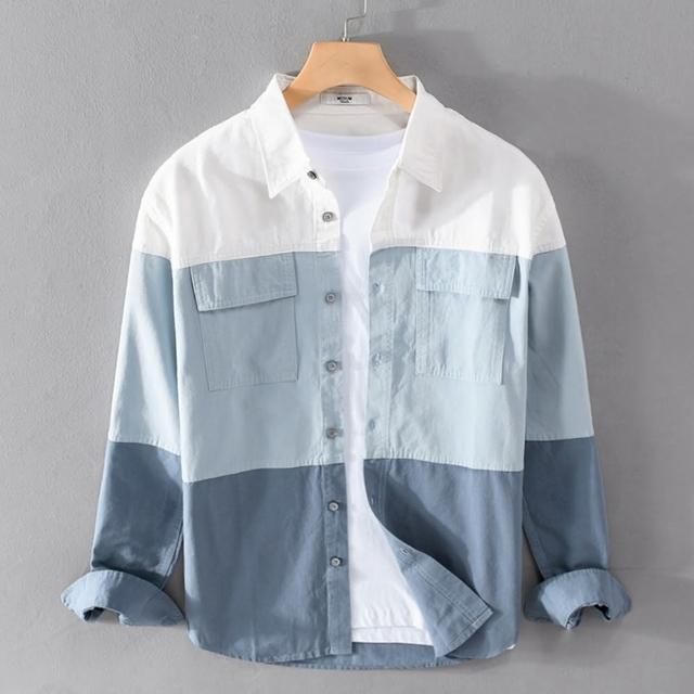 【米蘭精品】現貨+預購 襯衫長袖上衣(拼接休閒英倫風純棉男裝2色74jt27)