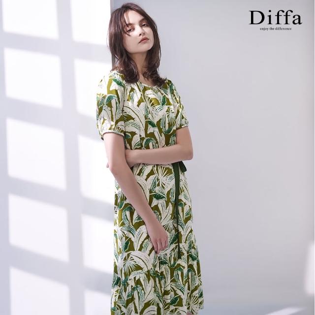 【Diffa】氣質綠葉短袖連身洋裝-女