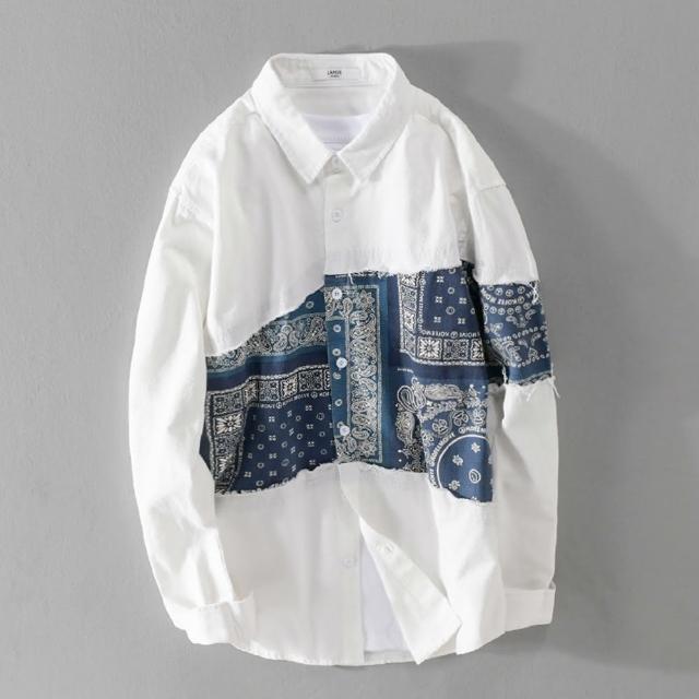 【米蘭精品】現貨+預購 襯衫長袖上衣(休閒復古拼接純棉男裝2色74jt45)