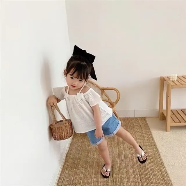 【安朵童舖】現貨韓版女童露肩甜美上衣兒童露肩吊帶上衣短袖上衣背心上衣短袖T恤背心T恤(17)