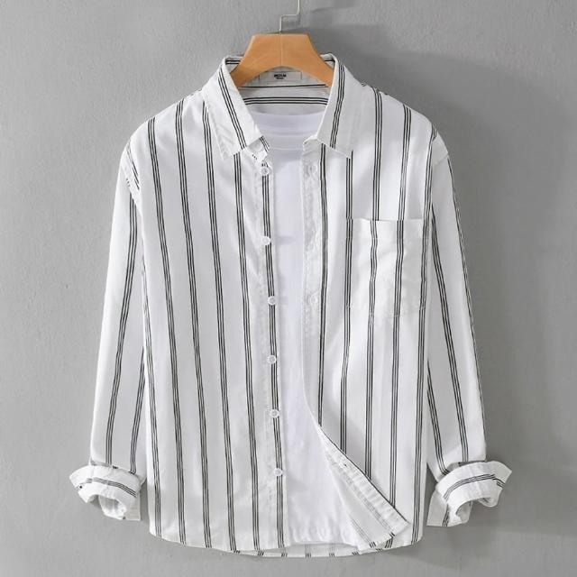 【米蘭精品】現貨+預購 襯衫長袖上衣(休閒寬鬆簡約條紋男裝4色74jt53)