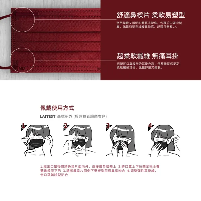 【LAITEST 萊潔】醫療防護口罩/成人 夜櫻紅 50入盒裝(台灣製造)