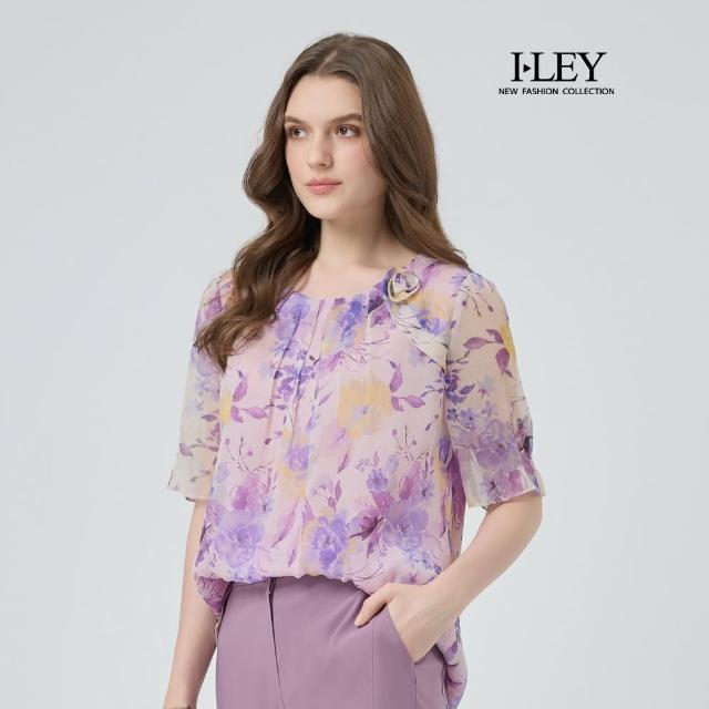 【ILEY 伊蕾】立體手工捏花印花雪紡上衣(淺紫；L-3L；1252181425)