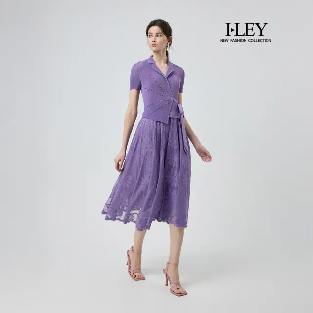 【ILEY 伊蕾】綁帶壓褶蕾絲網紗洋裝(紫;M-2L;1252567102)
