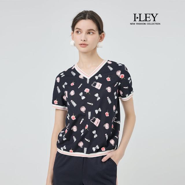 【ILEY 伊蕾】V領縲縈撞色印花上衣(深藍；M-2L；1252361003)