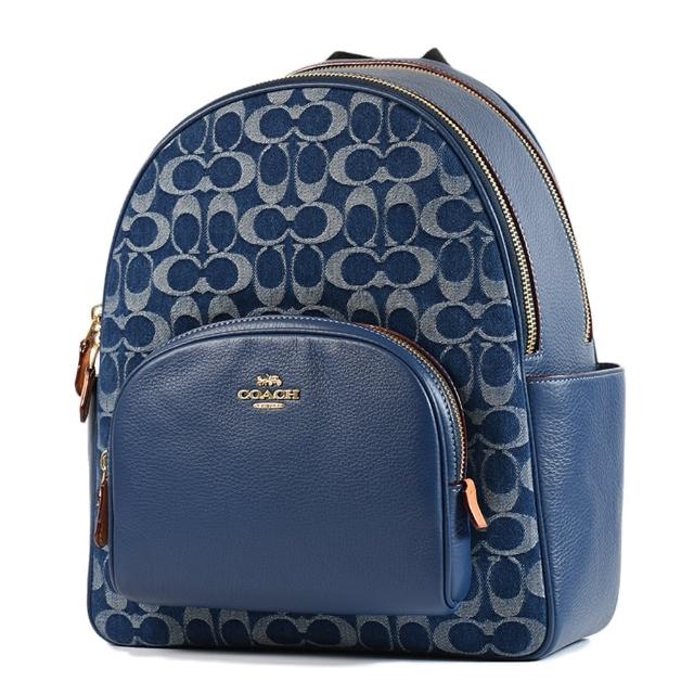 【COACH】緹花LOGO布拼皮革雙側置物拉鍊後背包-單寧藍