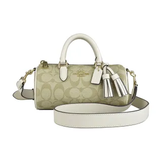 【COACH】COACH LACEY經典LOGO拉鍊PVC搭牛皮手提斜背圓筒包(淺卡其x粉筆白)