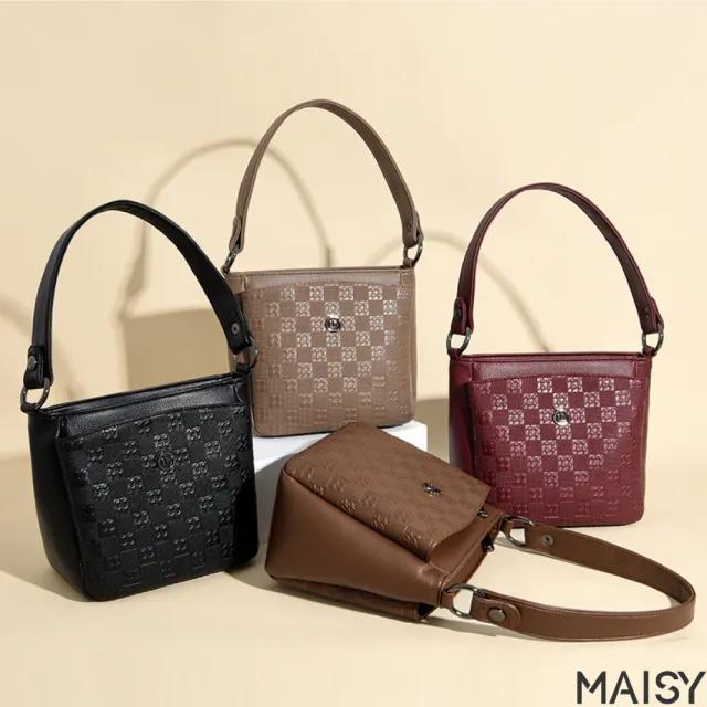 【MAISY】簡約格紋印花拉鍊手提包 肩背包 通勤包(卡其色／咖啡色／黑色／紅色)