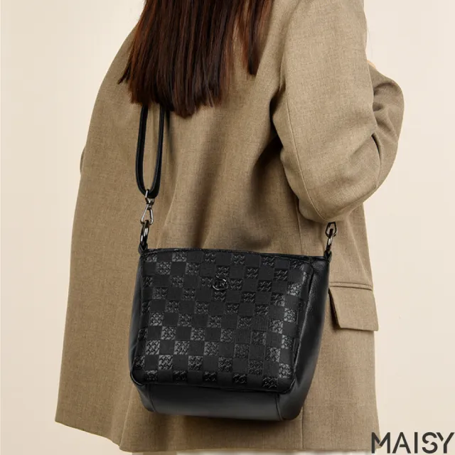 【MAISY】簡約格紋印花拉鍊手提包 肩背包 通勤包(卡其色／咖啡色／黑色／紅色)