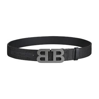【BALLY】BALLY B-MIRROR對稱銀色雙B LOGO數字母圖騰織帶設計織布/皮革雙麵皮帶(寬版/黑)